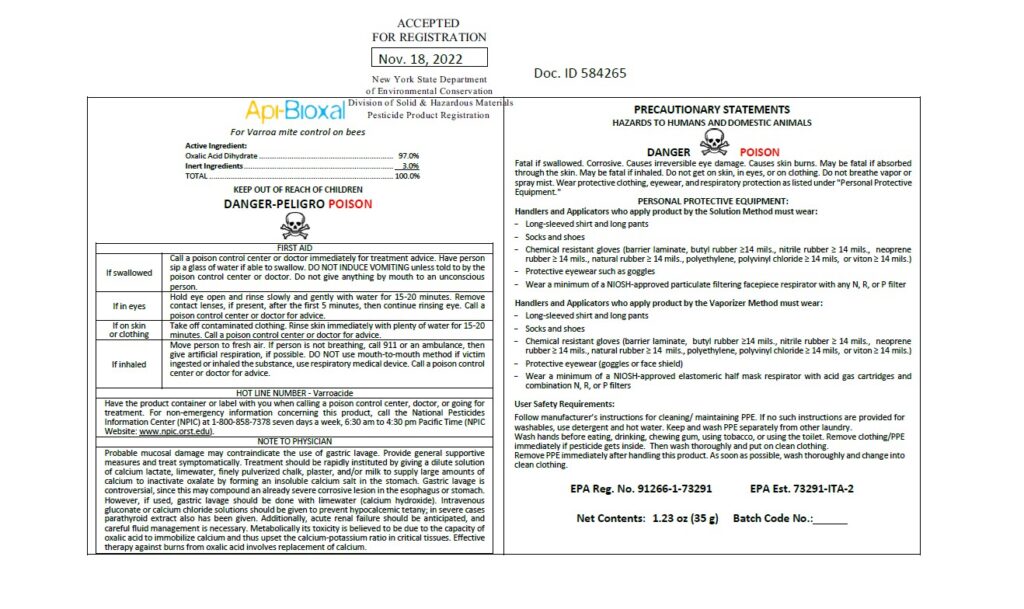 Label Api 11pl Example Extended Release Oxalic Acid in NYS | NY Bee Wellness Workshops